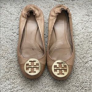 Tory Burch Brown Leather Flats with Gold Logo